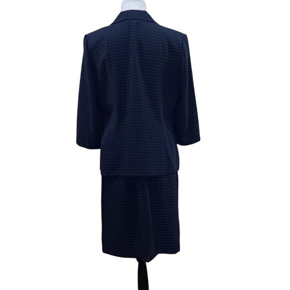 VINTAGE Dressbarn 2-Piece Skirt Top Set Navy Blue Pink Dots Large Career Dressy - Picture 2 of 14
